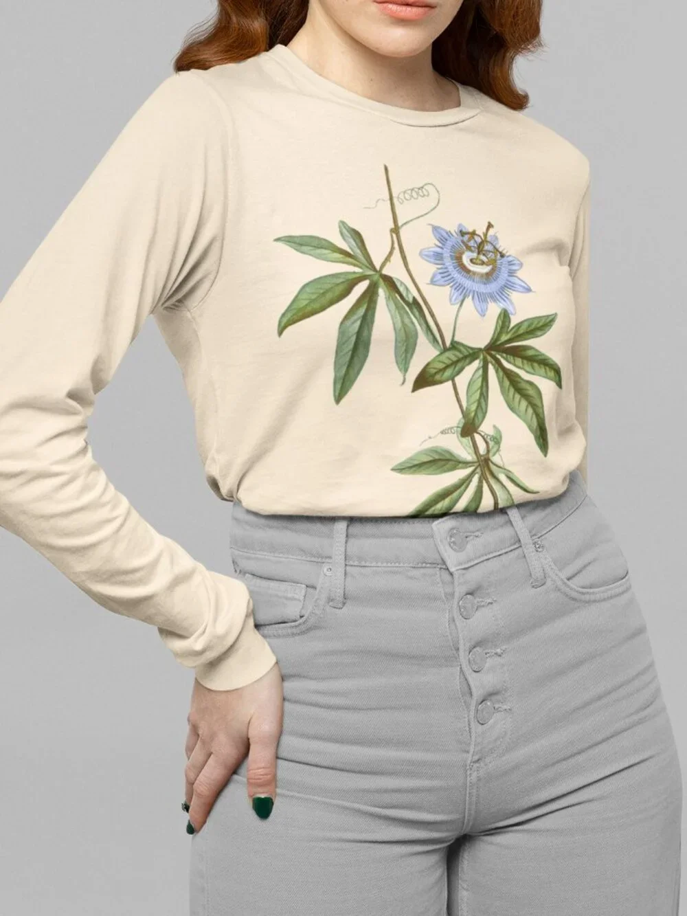 Blue Passionflower Vintage Floral Print Long Sleeve Graphic Tee T-shirt S-XXL